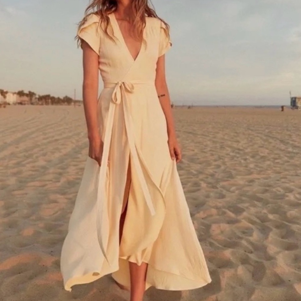 Christy Dawn Autumn Dress — Cream High Low Wrap Dress